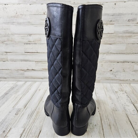 Tory Burch Rowan Solid Black Quilted Logo Tall Riding Boots Sz 5 - Picture 4 of 9